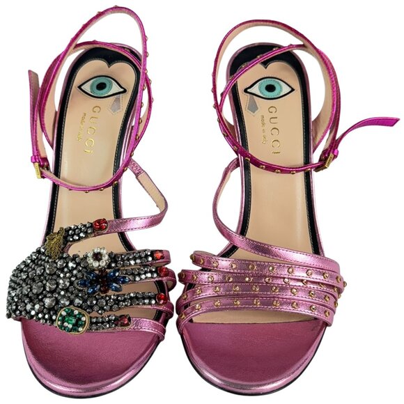 Gucci Shoes - GUCCI Pink Metallic Leather Crystal Embellished Wangy Hand Sandals 36.5 - 6.5